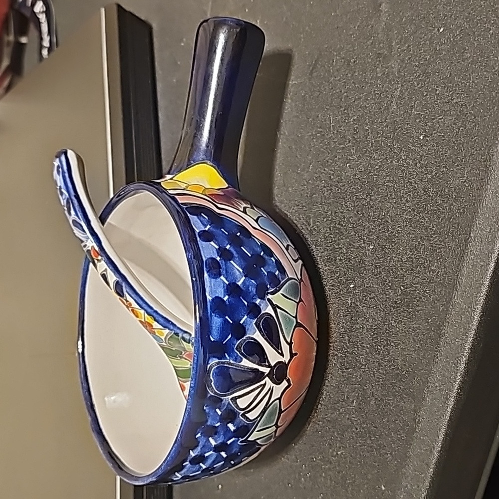 Talavera Mexican pottery salsa dish with handle and  spoon